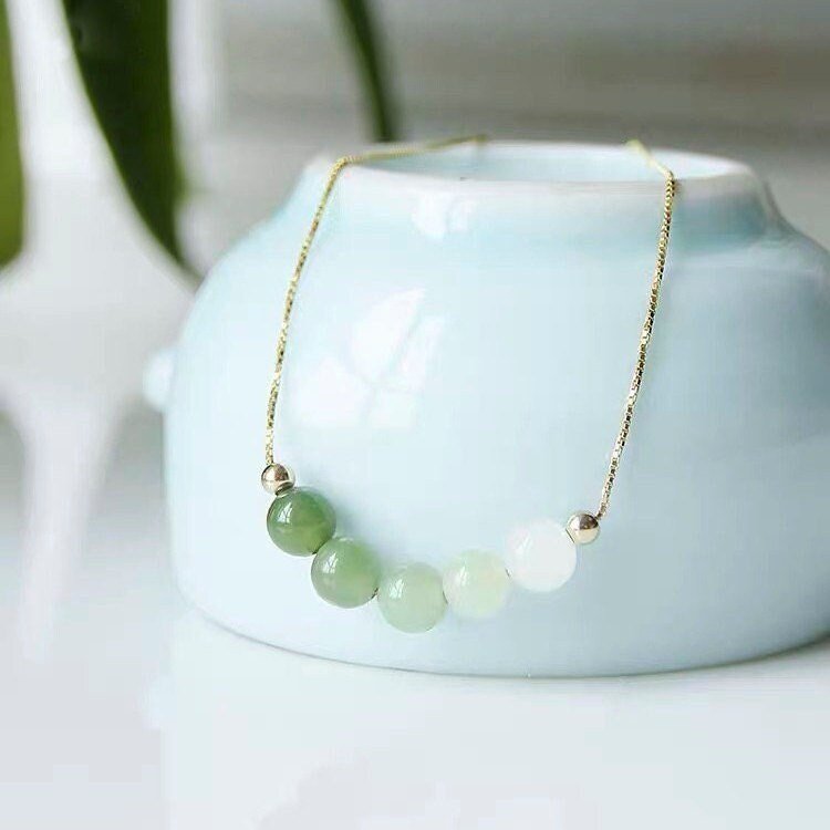 Genuine Hetian Jade Necklace, Gradient Jade Beads Pendant, Dainty Jade Necklace, Green Nephrite Necklace, Jade Beaded Necklace, Beads Row