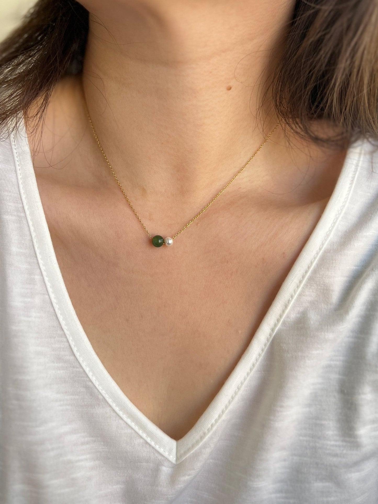 Natural Jade Necklace, Dainty Jade Necklace, Jade Pearl Necklace, Very Tiny Jade Necklace, Dainty Chain Necklace, Gold Filled Pearl Necklace