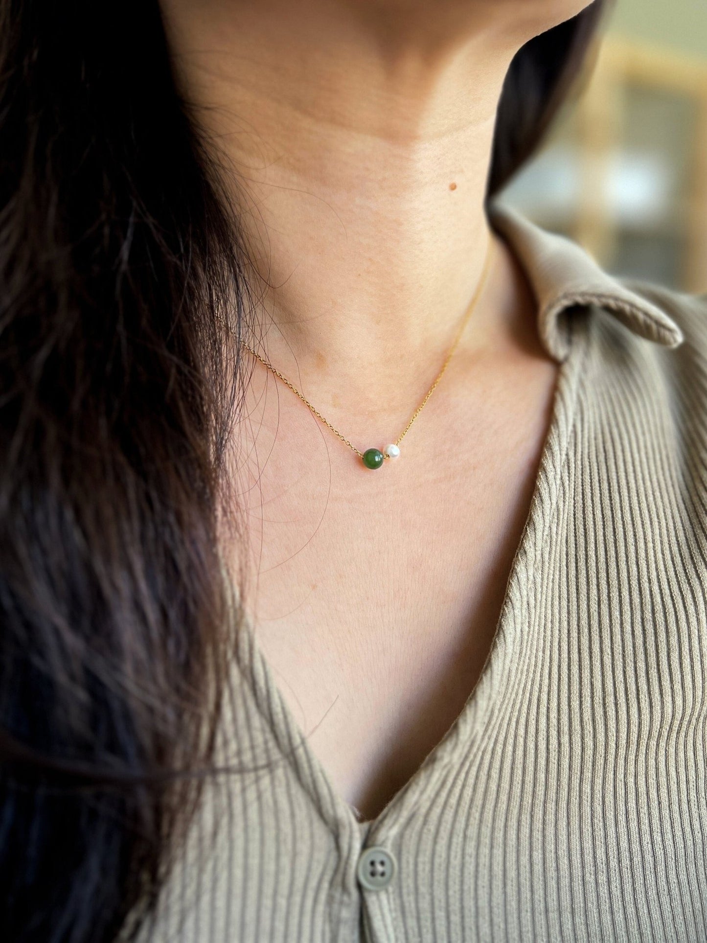 Natural Jade Necklace, Dainty Jade Necklace, Jade Pearl Necklace, Very Tiny Jade Necklace, Dainty Chain Necklace, Gold Filled Pearl Necklace