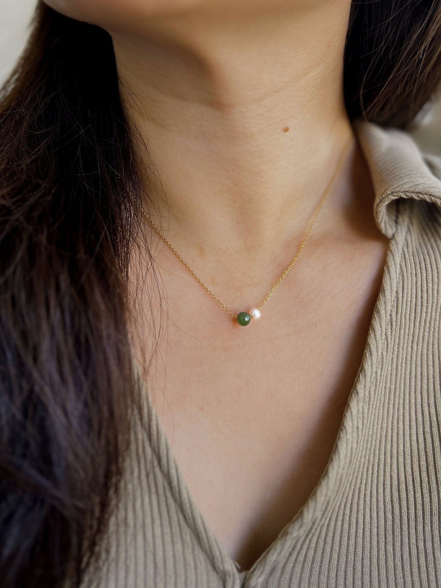Natural Jade Necklace, Dainty Jade Necklace, Jade Pearl Necklace, Very Tiny Jade Necklace, Dainty Chain Necklace, Gold Filled Pearl Necklace