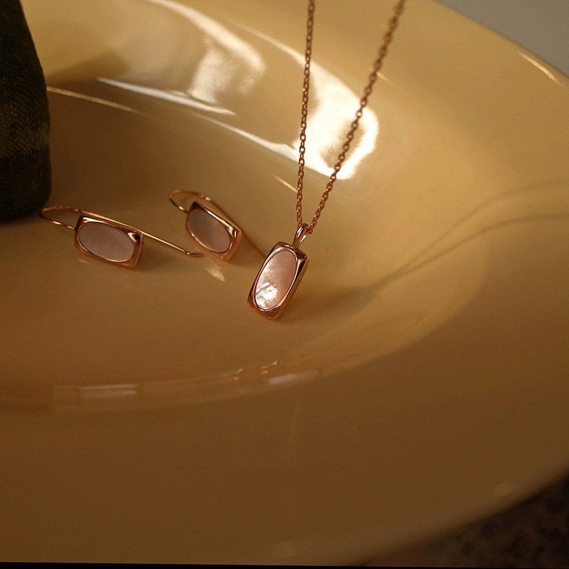 Natural Shell Pendant Necklace, Rectangle Mother of Pearl Necklace, Dainty Rose Gold Chain, S925 Silver Necklace, Layered Necklace Gift