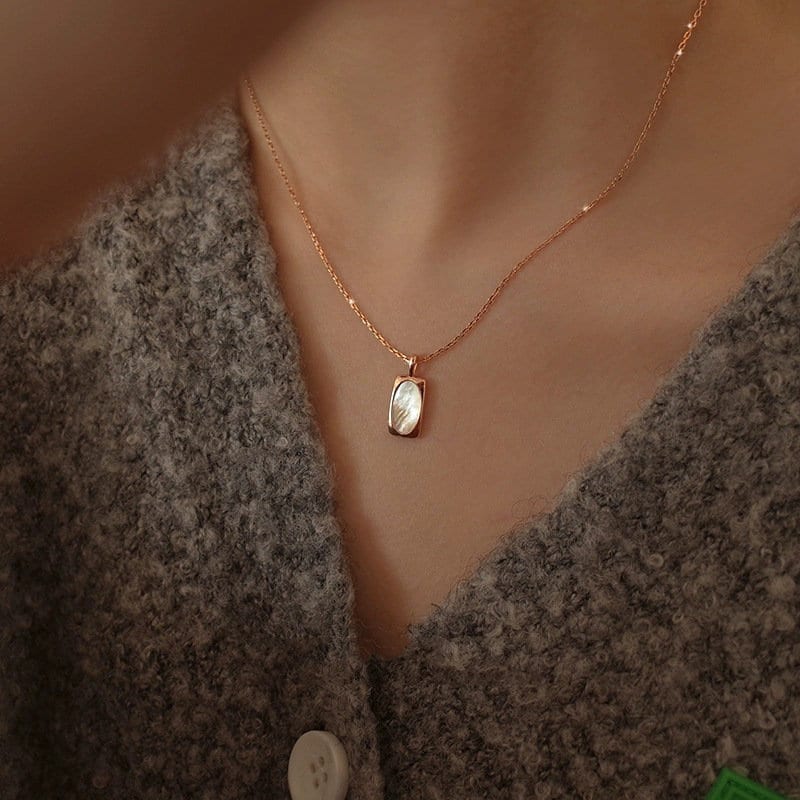 Natural Shell Pendant Necklace, Rectangle Mother of Pearl Necklace, Dainty Rose Gold Chain, S925 Silver Necklace, Layered Necklace Gift