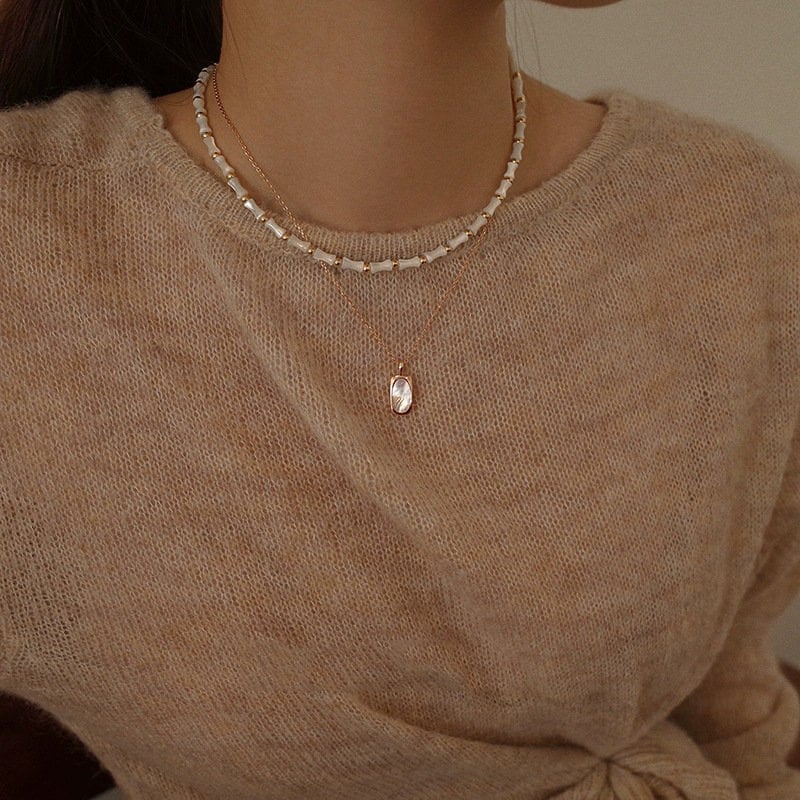 Natural Shell Pendant Necklace, Rectangle Mother of Pearl Necklace, Dainty Rose Gold Chain, S925 Silver Necklace, Layered Necklace Gift