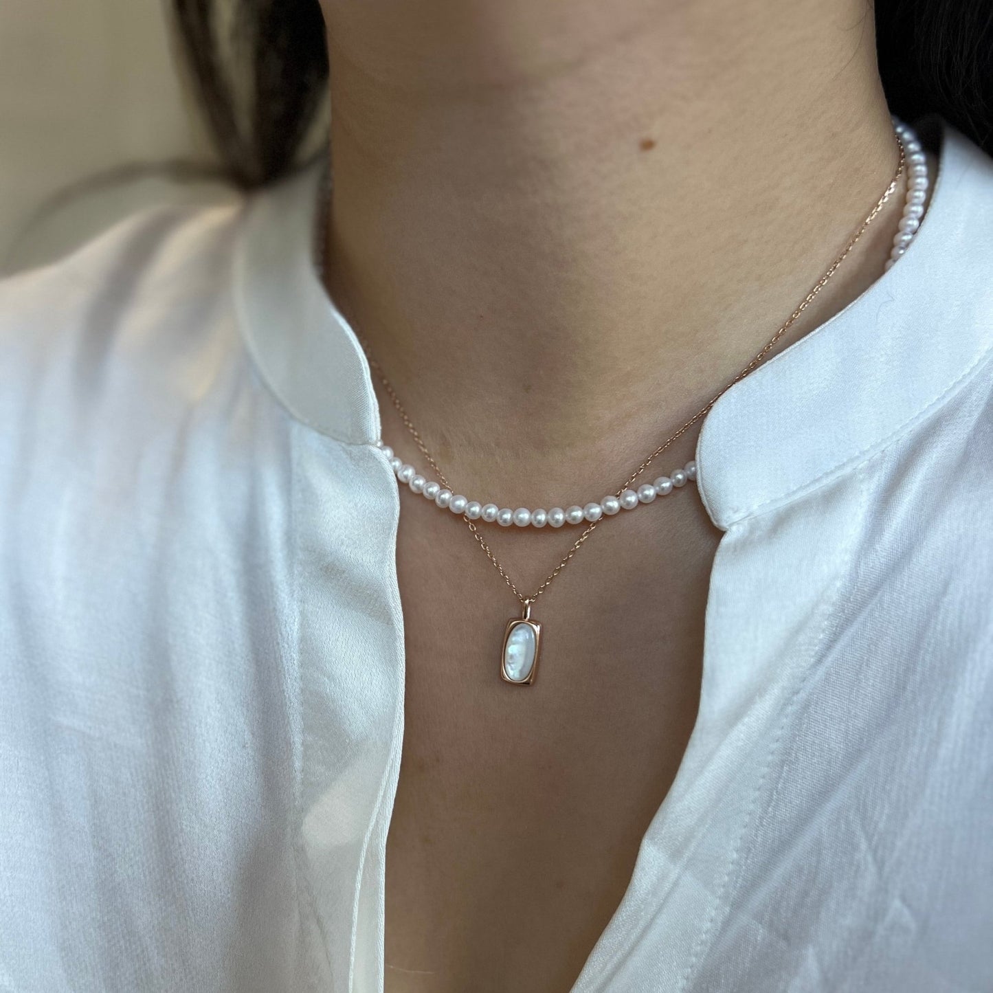 Tiny Pearl Necklace, Beaded Pearls Necklace, Dainty Pearl Necklace, Natural Shell Pendant Silver Necklace, Layered Necklace, Pearl Gift Set