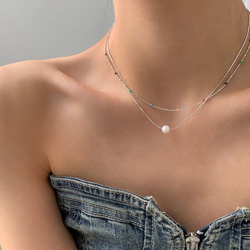 Silver Necklace with Colorful Beads, S925 Sterling Silver Necklace, Colorful Tiny Beads, Hippie Necklace, Dainty Necklace, Rainbow Necklace