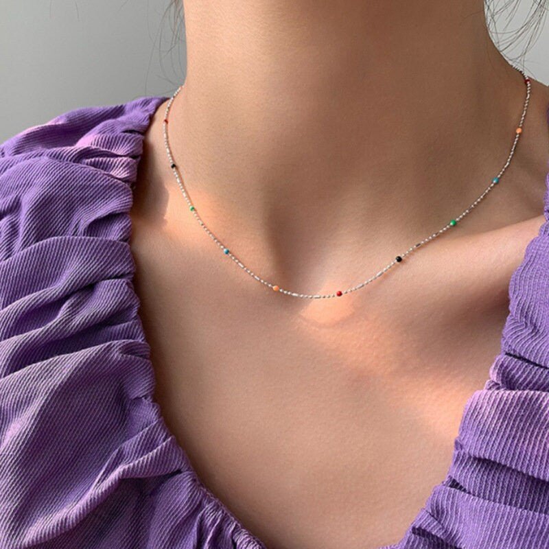 Silver Necklace with Colorful Beads, S925 Sterling Silver Necklace, Colorful Tiny Beads, Hippie Necklace, Dainty Necklace, Rainbow Necklace