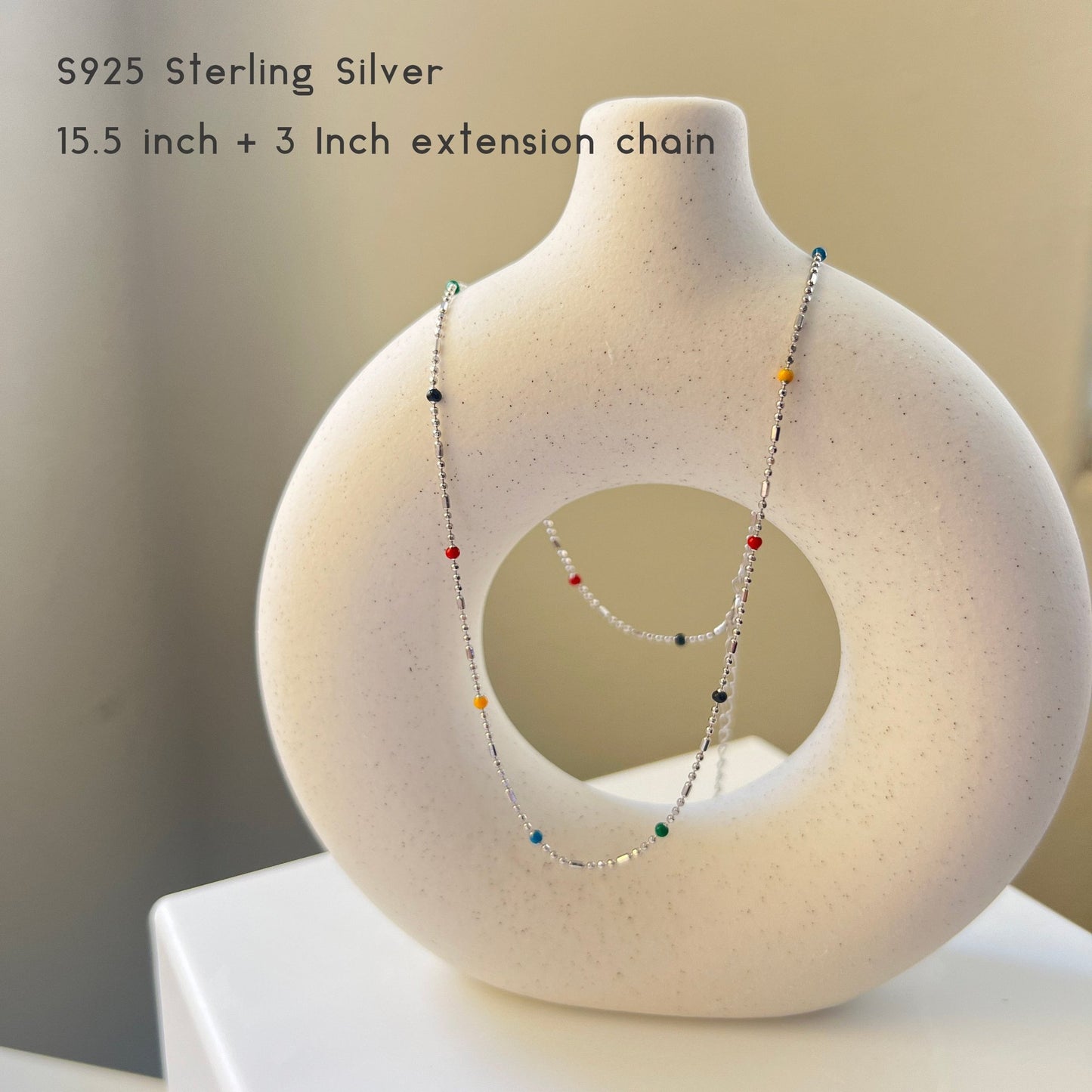 Silver Necklace with Colorful Beads, S925 Sterling Silver Necklace, Colorful Tiny Beads, Hippie Necklace, Dainty Necklace, Rainbow Necklace