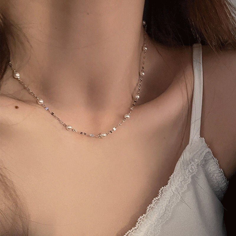 Natural Shell Pearls Necklace, S925 Sterling Silver Chain, Small Pearl Necklace, Dainty Necklace, Tiny Pearl Necklace, Sparkle Silver Chain