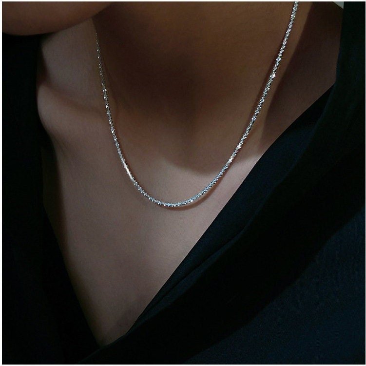 Sparkle Silver Necklace, S925 Sterling Silver Necklace, Dainty Necklace, Simple Chain Necklace, Layered Necklace, Glitter Minimal Necklace