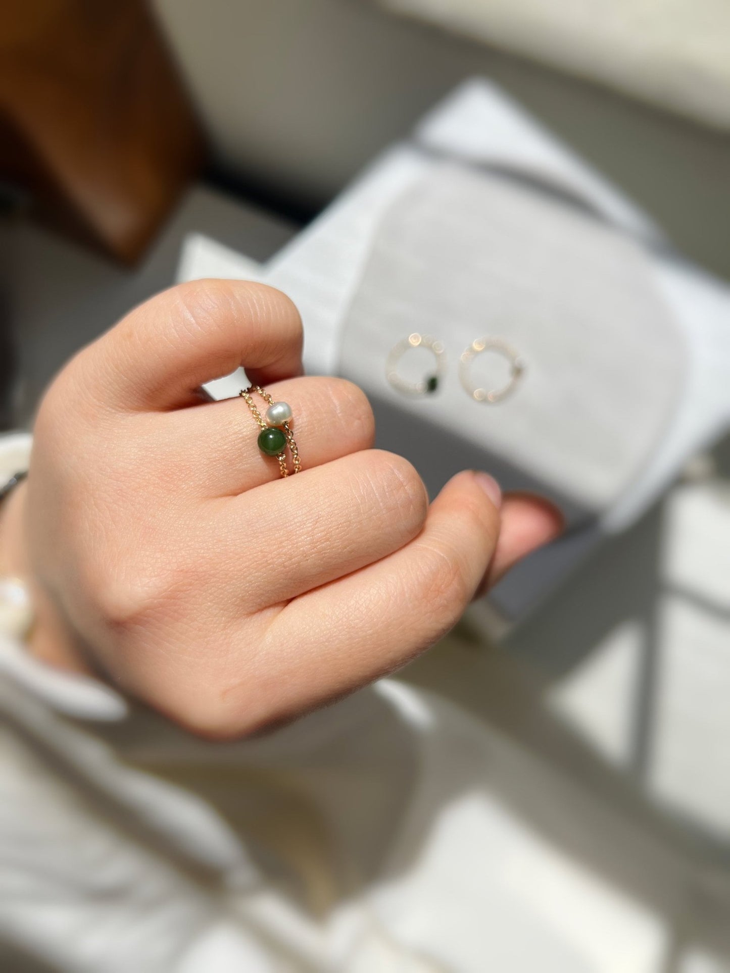 Jade Chain Ring, Freshwater Pearl Ring, Tiny Pearl Ring, Mini Jade Ring, Tiny Jade Wire Ring, Gold Filled Chain Ring, Dainty Stackable Ring