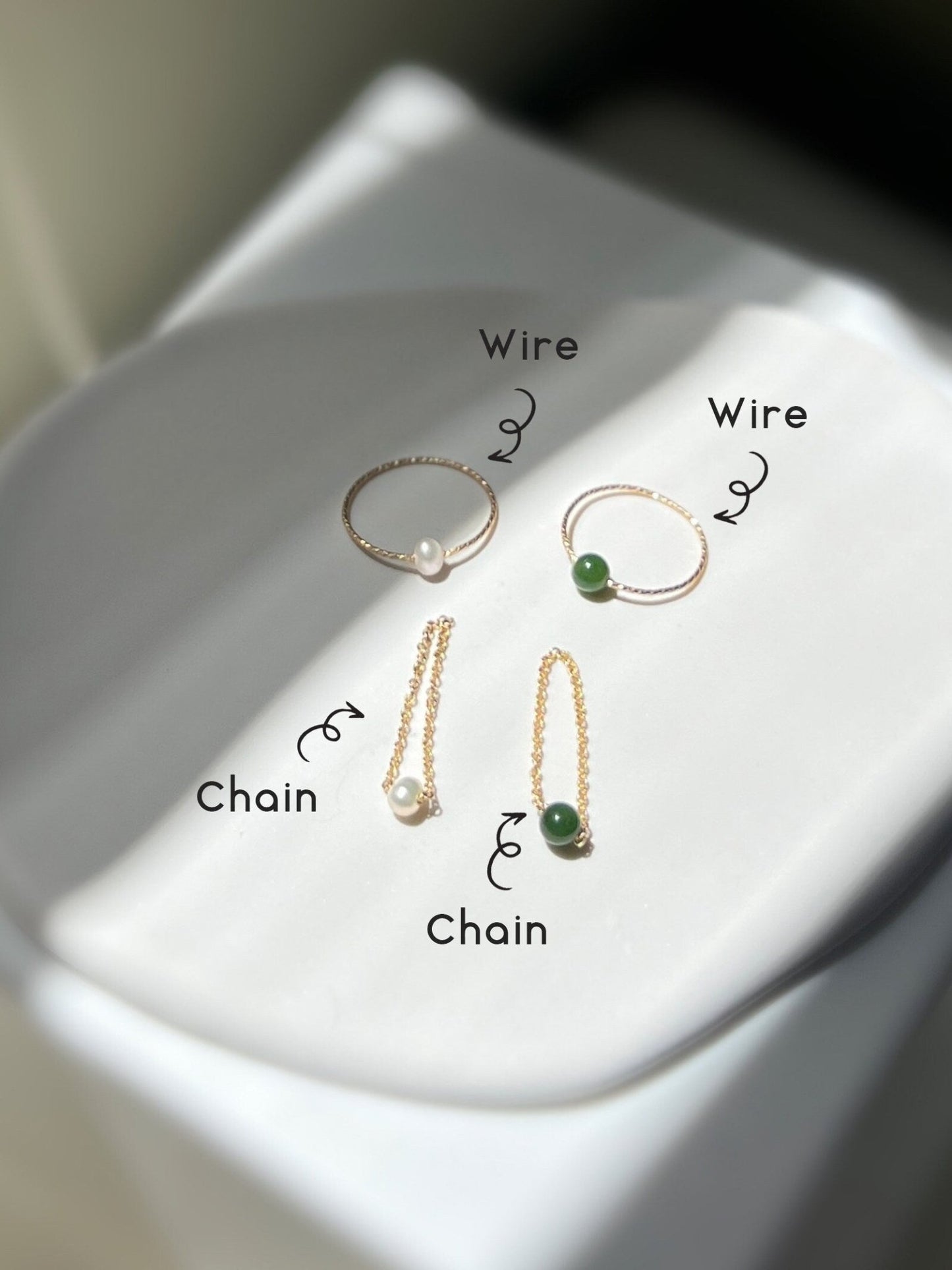 Jade Chain Ring, Freshwater Pearl Ring, Tiny Pearl Ring, Mini Jade Ring, Tiny Jade Wire Ring, Gold Filled Chain Ring, Dainty Stackable Ring