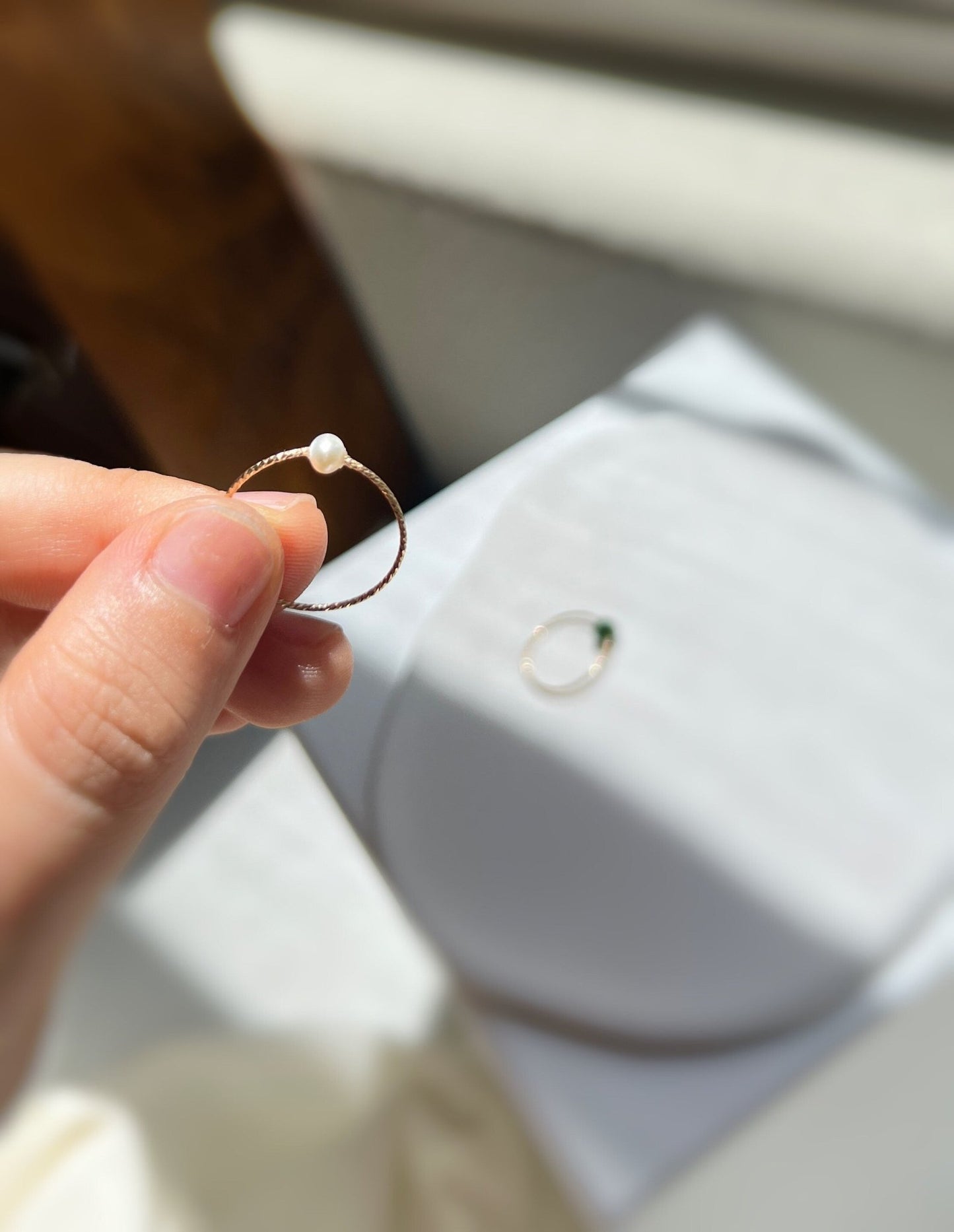 Jade Chain Ring, Freshwater Pearl Ring, Tiny Pearl Ring, Mini Jade Ring, Tiny Jade Wire Ring, Gold Filled Chain Ring, Dainty Stackable Ring