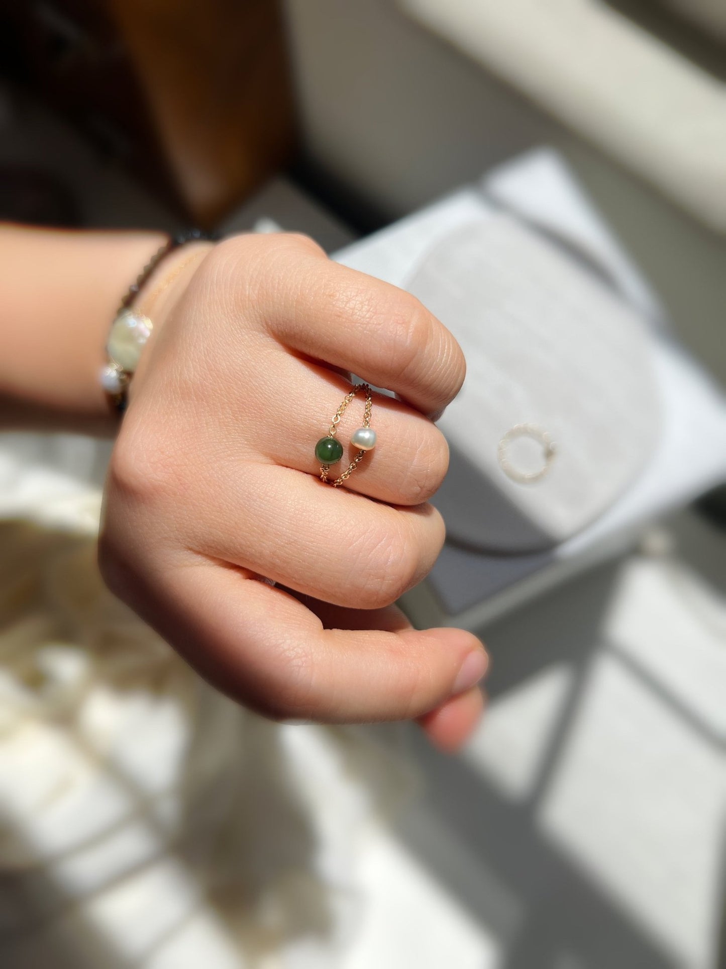 Jade Chain Ring, Freshwater Pearl Ring, Tiny Pearl Ring, Mini Jade Ring, Tiny Jade Wire Ring, Gold Filled Chain Ring, Dainty Stackable Ring