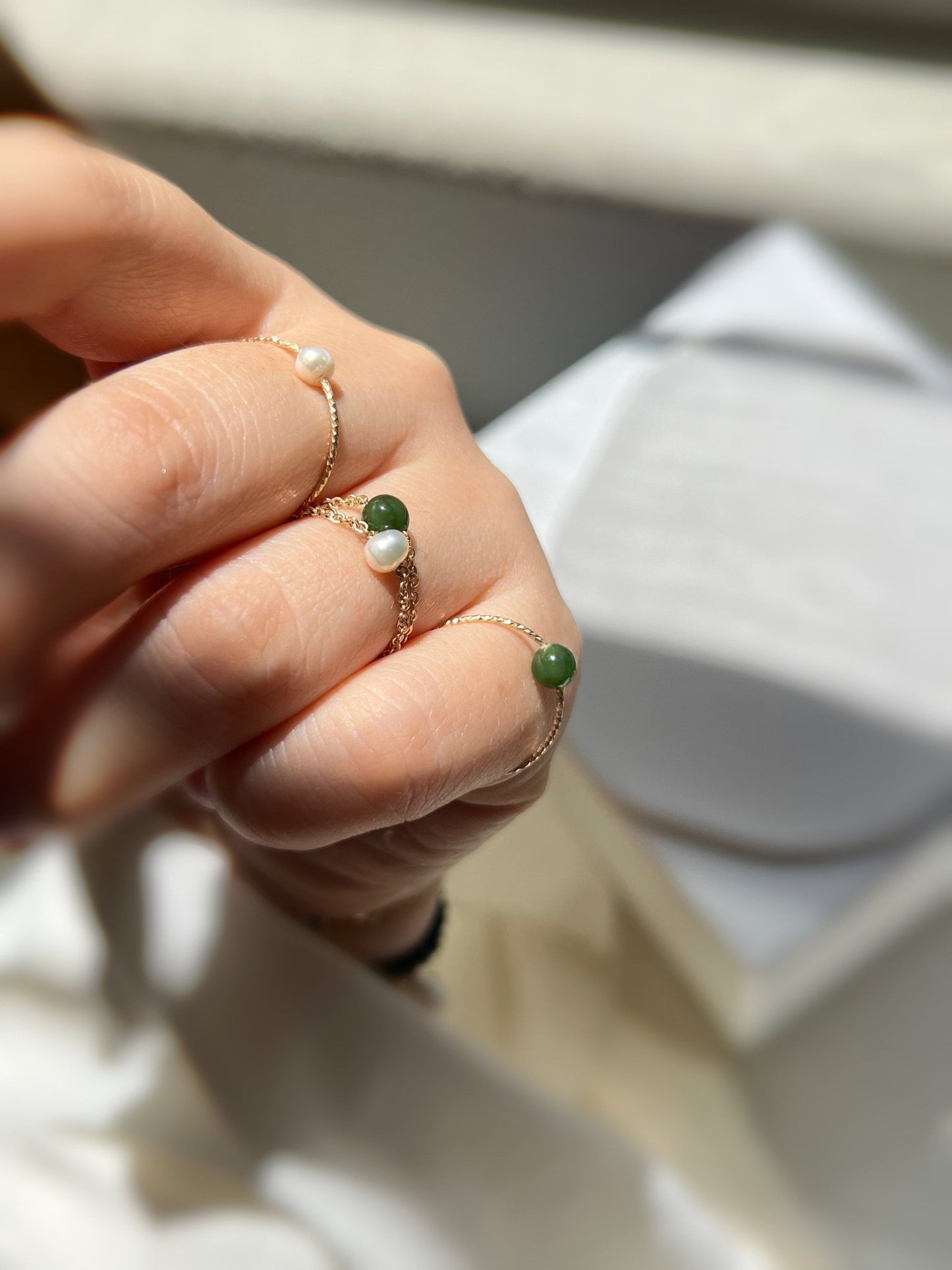 Jade Chain Ring, Freshwater Pearl Ring, Tiny Pearl Ring, Mini Jade Ring, Tiny Jade Wire Ring, Gold Filled Chain Ring, Dainty Stackable Ring
