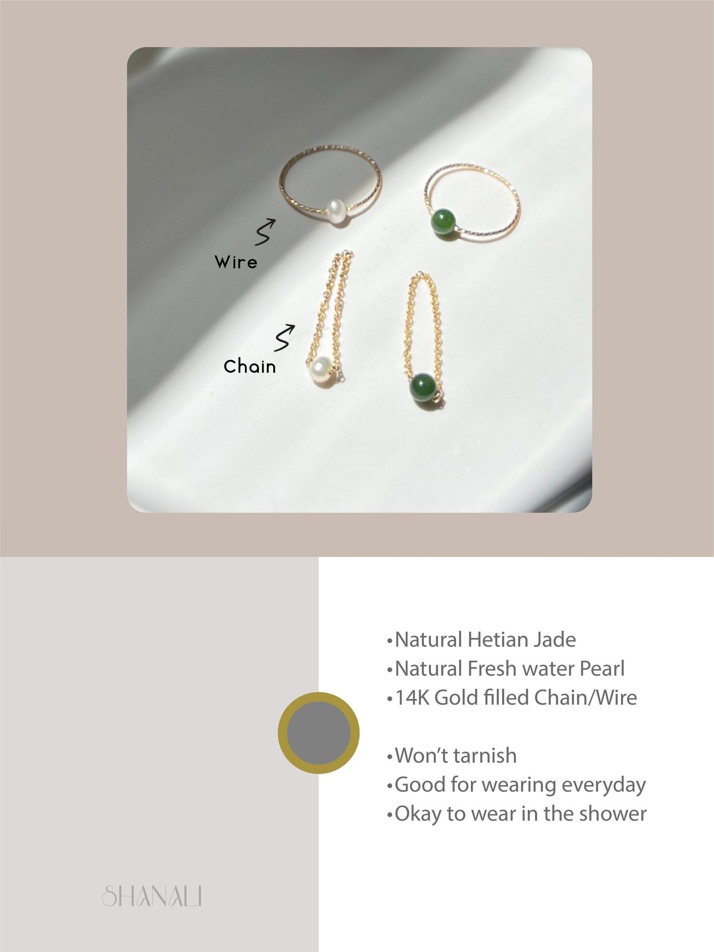 Jade Chain Ring, Freshwater Pearl Ring, Tiny Pearl Ring, Mini Jade Ring, Tiny Jade Wire Ring, Gold Filled Chain Ring, Dainty Stackable Ring