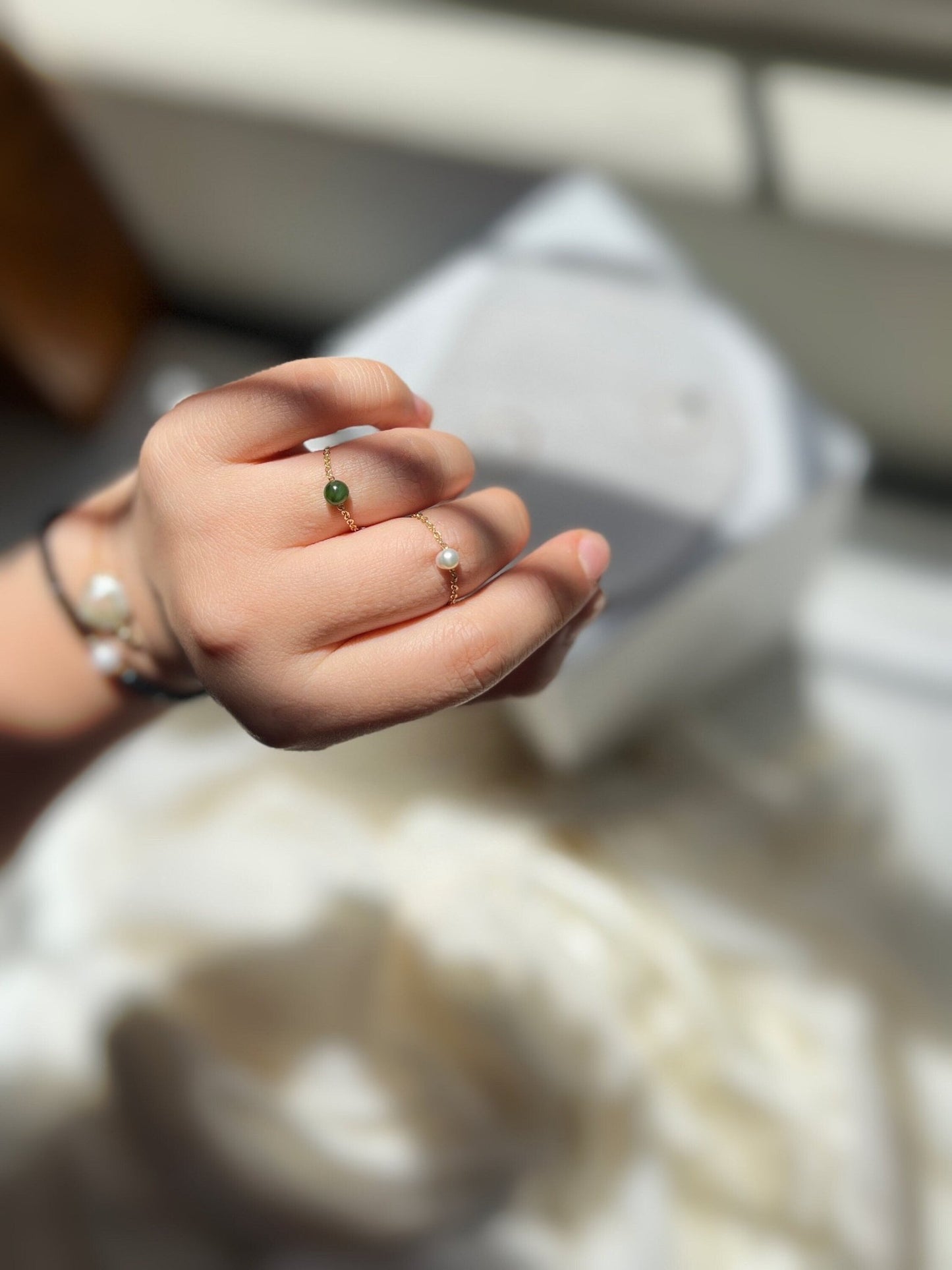 Jade Chain Ring, Freshwater Pearl Ring, Tiny Pearl Ring, Mini Jade Ring, Tiny Jade Wire Ring, Gold Filled Chain Ring, Dainty Stackable Ring