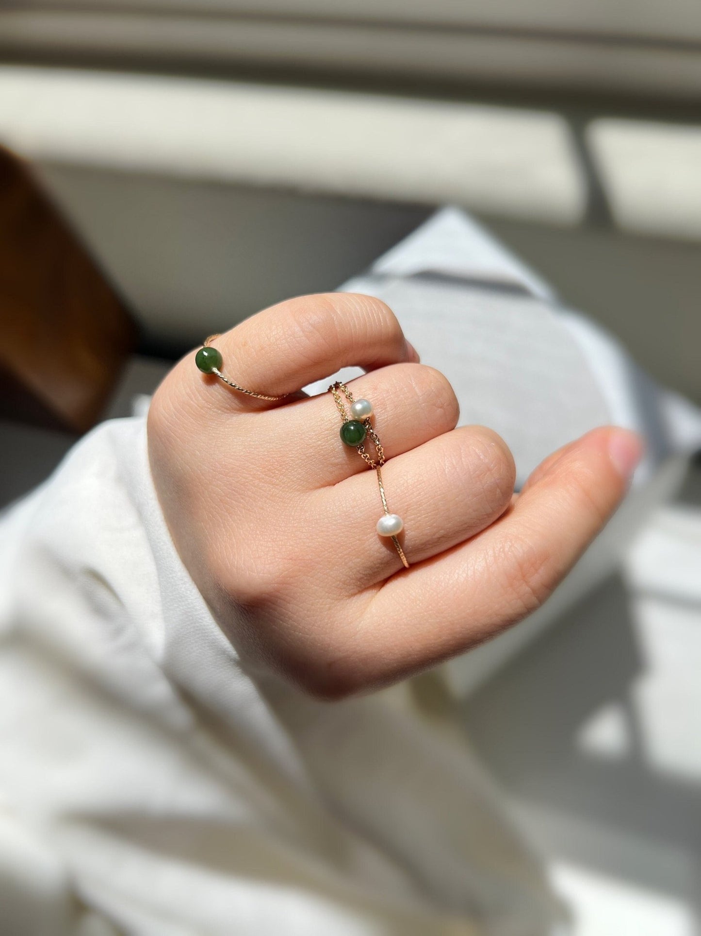 Jade Chain Ring, Freshwater Pearl Ring, Tiny Pearl Ring, Mini Jade Ring, Tiny Jade Wire Ring, Gold Filled Chain Ring, Dainty Stackable Ring Active Restock requests: 0