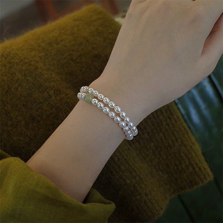 Natural Fresh Water Pearl Stretch Bracelet with Single Light Green Jade Bead or Gold Bead, Genuine Hetian Jade with 6-7mm Pearls Bracelet