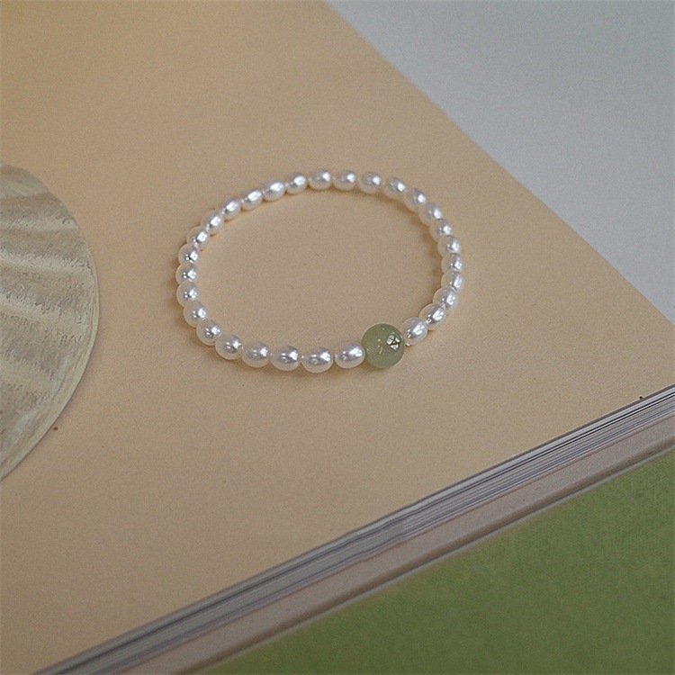 Natural Fresh Water Pearl Stretch Bracelet with Single Light Green Jade Bead or Gold Bead, Genuine Hetian Jade with 6-7mm Pearls Bracelet