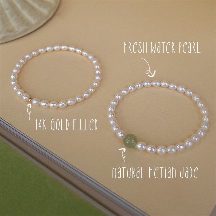 Natural Fresh Water Pearl Stretch Bracelet with Single Light Green Jade Bead or Gold Bead, Genuine Hetian Jade with 6-7mm Pearls Bracelet