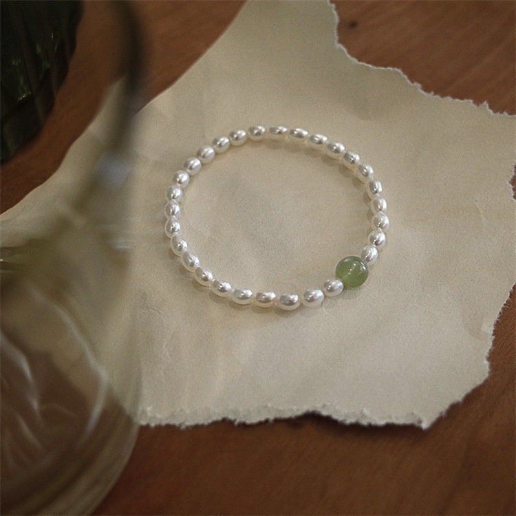 Natural Fresh Water Pearl Stretch Bracelet with Single Light Green Jade Bead or Gold Bead, Genuine Hetian Jade with 6-7mm Pearls Bracelet