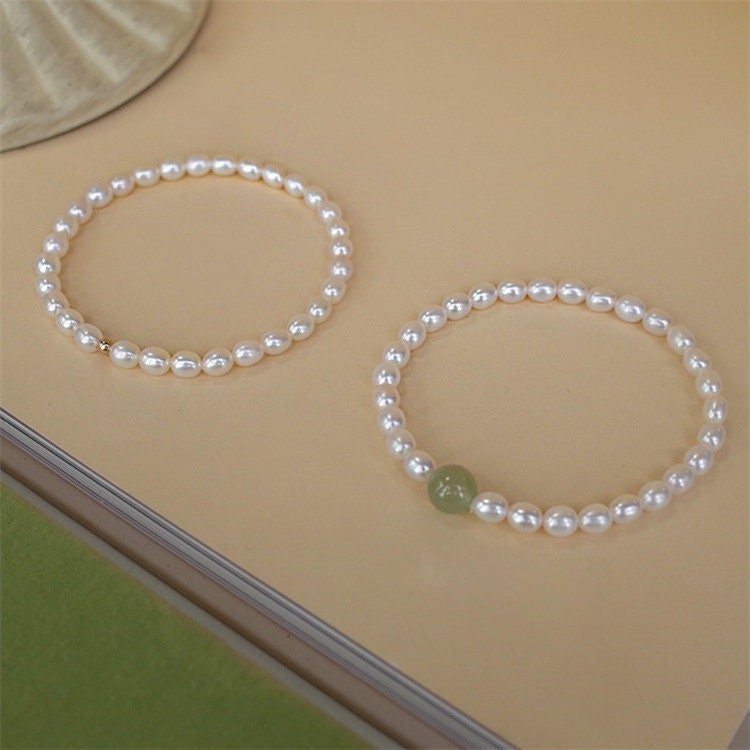 Natural Fresh Water Pearl Stretch Bracelet with Single Light Green Jade Bead or Gold Bead, Genuine Hetian Jade with 6-7mm Pearls Bracelet