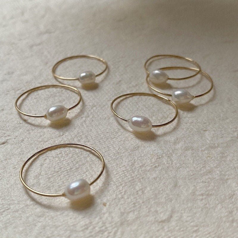 Natural Pearl Gold Ring, Fresh Water Pearl Ring, Single Rice Pearl Ring, Thin Gold Wire Pearl Ring, Simple Gold Pearl Ring, Wedding Pearl