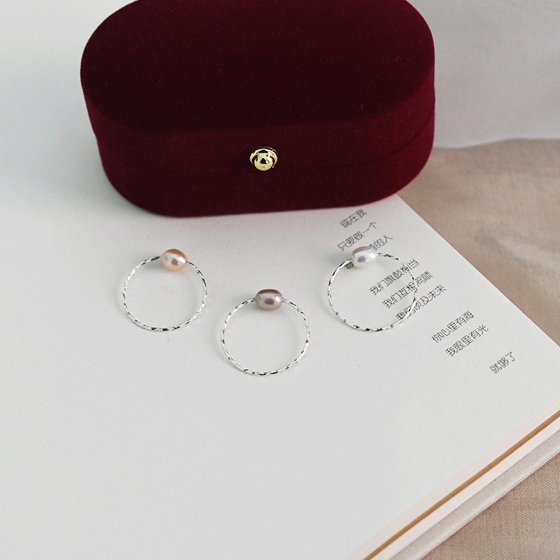 Freshwater Pearl Ring, Rice Pearl Ring, S925 Silver Shinning Ring, Single Pearl Ring, Stackable Ring, Purple Pearl Ring, Pink Pearl Ring