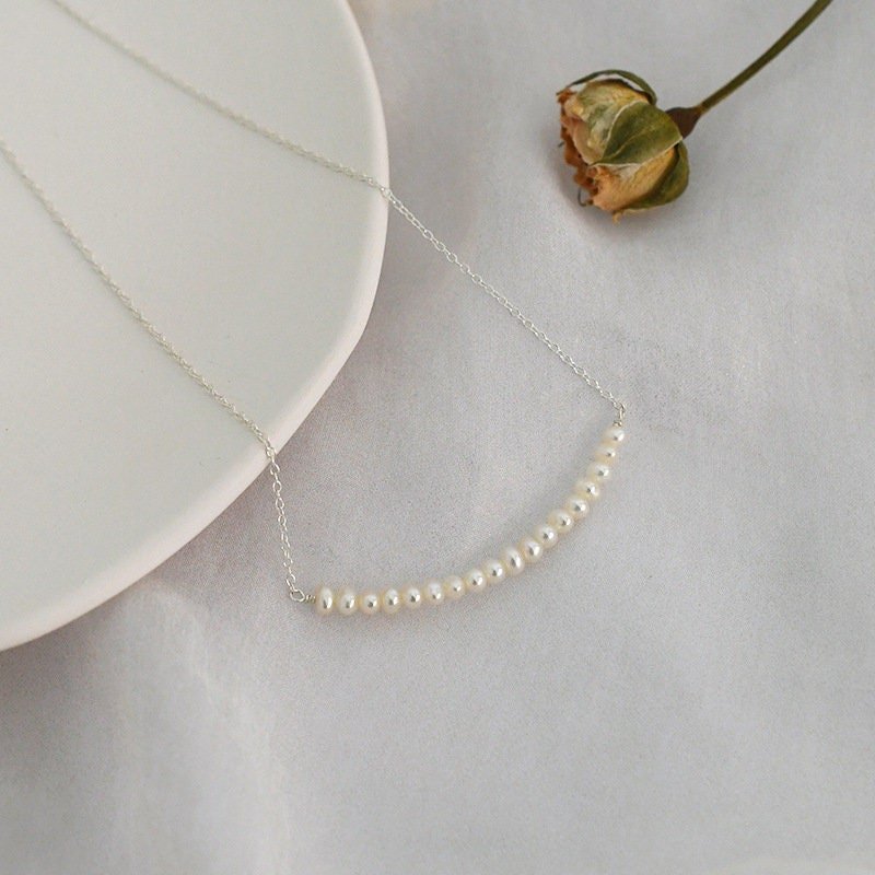 Pearl Row Necklace, 925 Sterling Silver Natural Freshwater Pearl Necklace, Dainty Pearl Necklace, Bridal Necklace, Bridesmaids Necklace