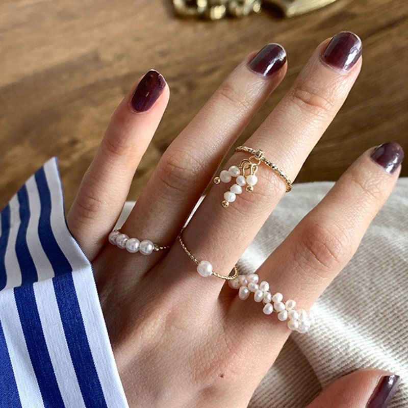 Stackable Pearl Ring Set, Natural Freshwater Pearls Chain Ring, Irregular Cluster Pearls Ring, Tassel Pearl Midi Ring, Imitation Pearl Ring