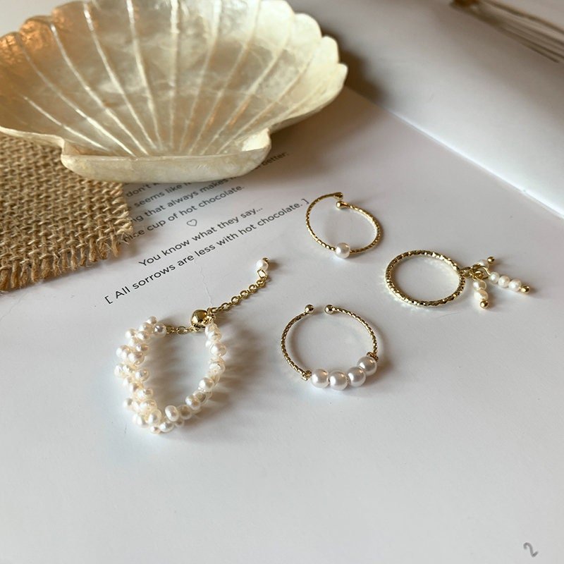 Stackable Pearl Ring Set, Natural Freshwater Pearls Chain Ring, Irregular Cluster Pearls Ring, Tassel Pearl Midi Ring