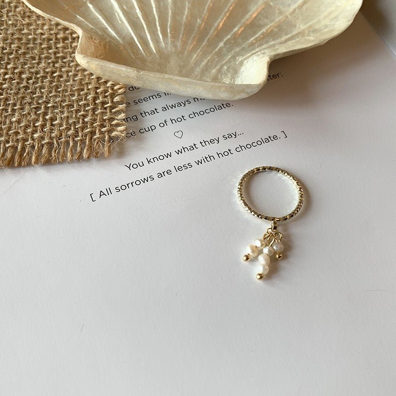 Stackable Pearl Ring Set, Natural Freshwater Pearls Chain Ring, Irregular Cluster Pearls Ring, Tassel Pearl Midi Ring