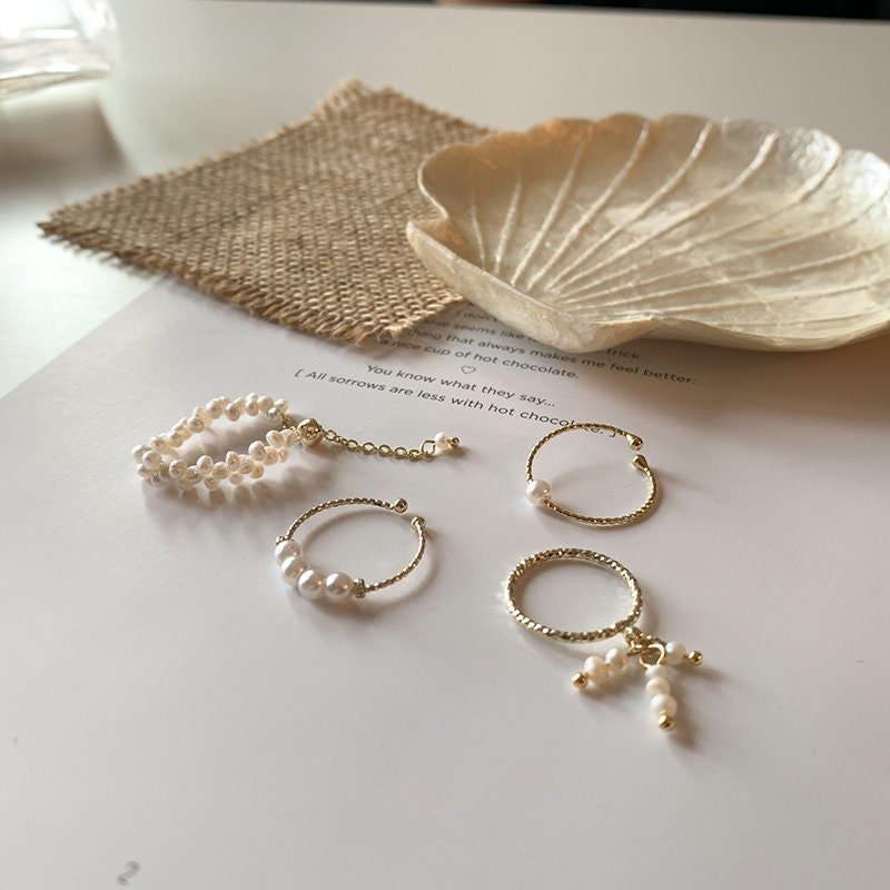 Stackable Pearl Ring Set, Natural Freshwater Pearls Chain Ring, Irregular Cluster Pearls Ring, Tassel Pearl Midi Ring