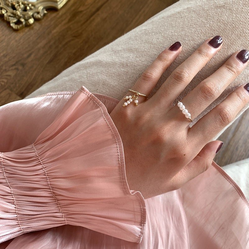 Stackable Pearl Ring Set, Natural Freshwater Pearls Chain Ring, Irregular Cluster Pearls Ring, Tassel Pearl Midi Ring