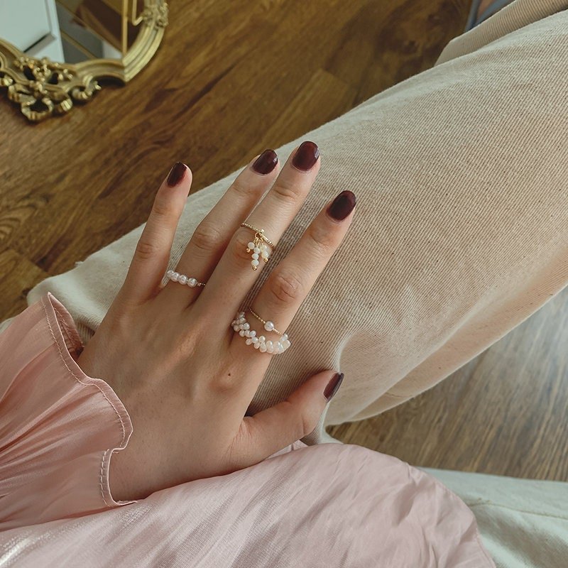 Stackable Pearl Ring Set, Natural Freshwater Pearls Chain Ring, Irregular Cluster Pearls Ring, Tassel Pearl Midi Ring