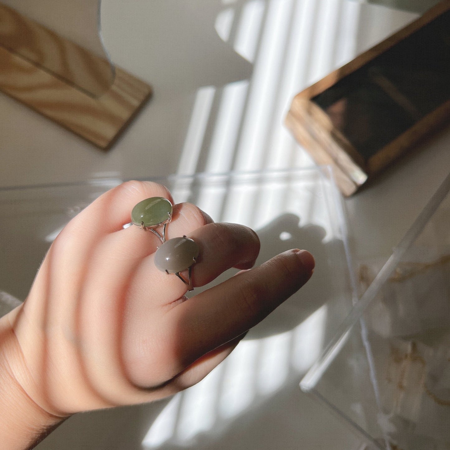 Genuine Big Hetian Jade Ring, 12*16mm Light Green/Grey Ring, Oval Nephrite Ring with 925 Silver, Simple Big Natural Stone Adjustable Ring