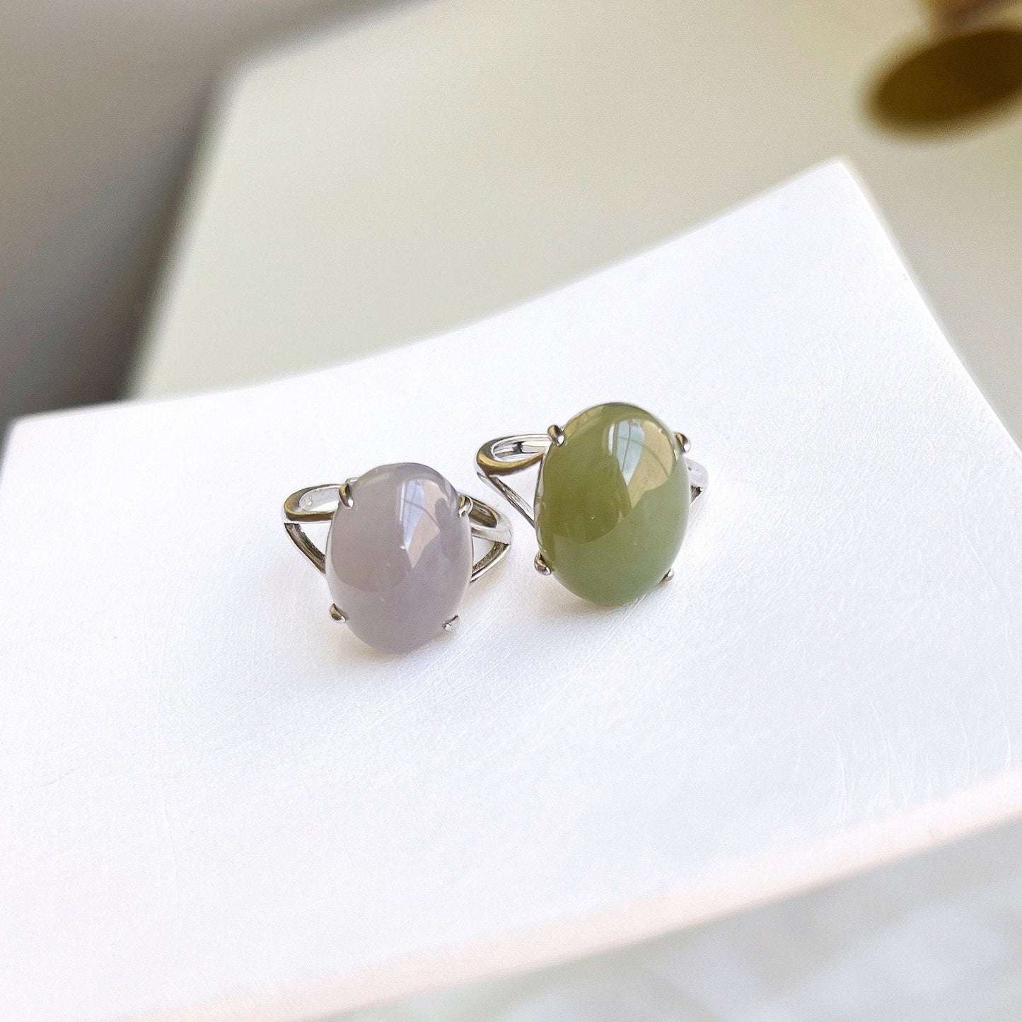 Genuine Big Hetian Jade Ring, 12*16mm Light Green/Grey Ring, Oval Nephrite Ring with 925 Silver, Simple Big Natural Stone Adjustable Ring