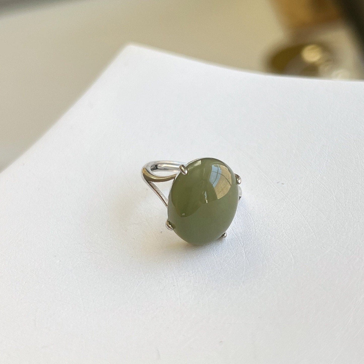 Genuine Big Hetian Jade Ring, 12*16mm Light Green/Grey Ring, Oval Nephrite Ring with 925 Silver, Simple Big Natural Stone Adjustable Ring