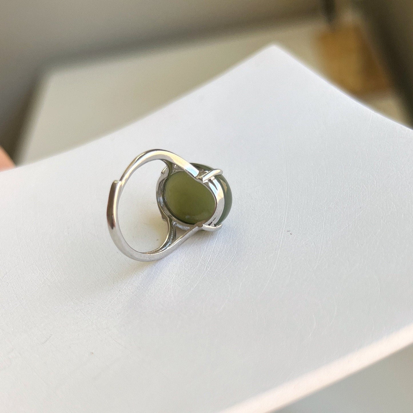 Genuine Big Hetian Jade Ring, 12*16mm Light Green/Grey Ring, Oval Nephrite Ring with 925 Silver, Simple Big Natural Stone Adjustable Ring