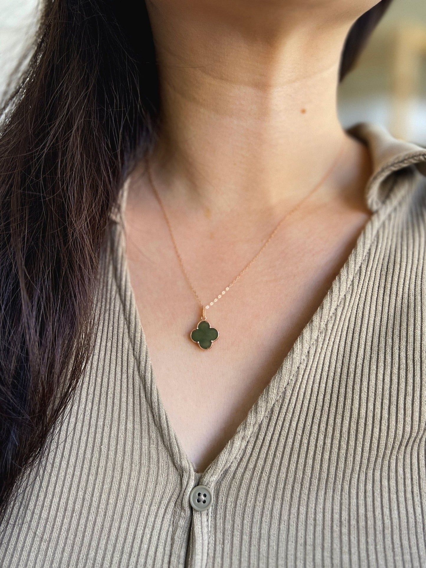 Genuine Jade Necklace, Green Clover Necklace, Hetian Jade Pendant, Green Clover Pendant, Dainty Jade Necklace, Natural Nephrite Necklace