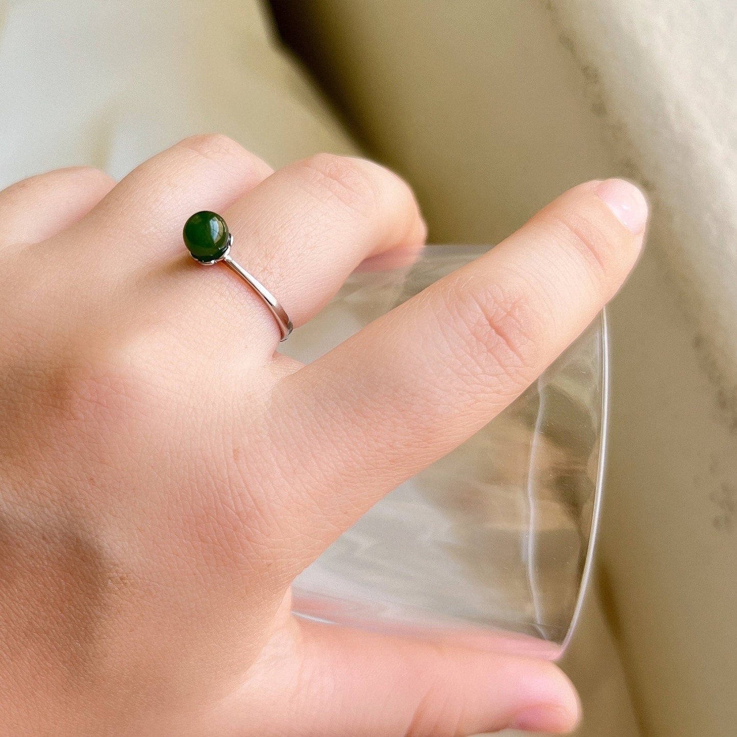Dainty Green Jade Ring, Genuine Hetian Jade Ring, S925 Silver Ring, Adjustable Ring, Stackable Ring, Green Stone Ring, Green Nephrite Ring