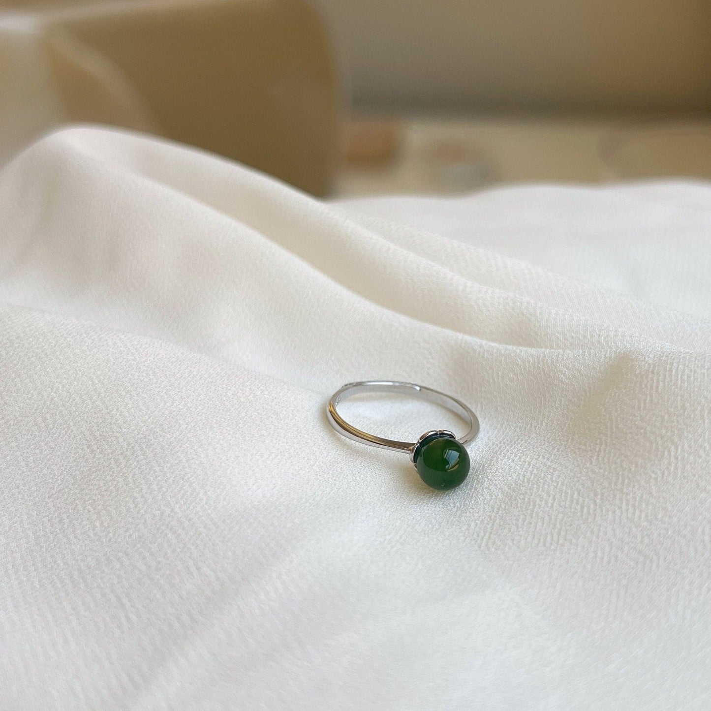 Dainty Green Jade Ring, Genuine Hetian Jade Ring, S925 Silver Ring, Adjustable Ring, Stackable Ring, Green Stone Ring, Green Nephrite Ring