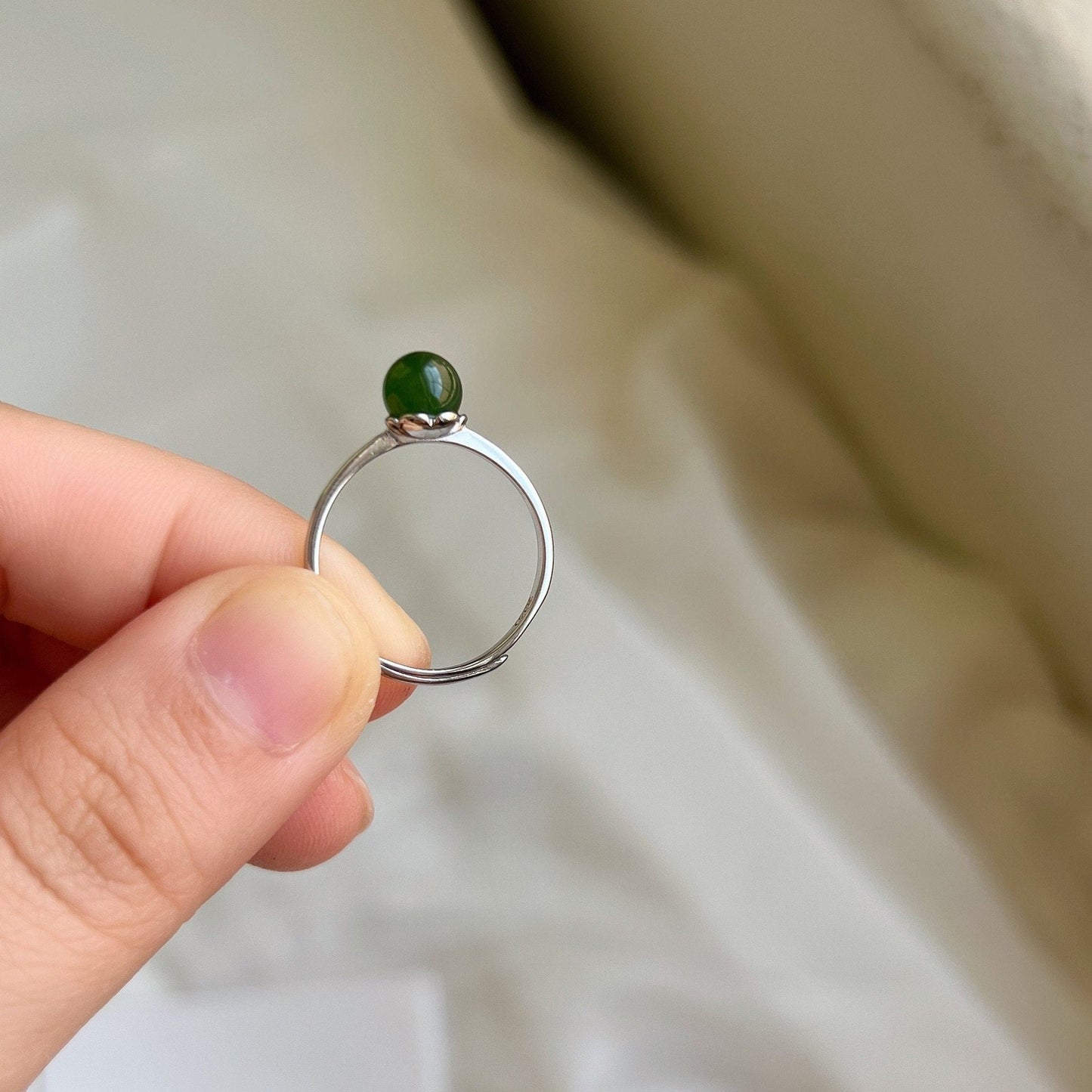 Dainty Green Jade Ring, Genuine Hetian Jade Ring, S925 Silver Ring, Adjustable Ring, Stackable Ring, Green Stone Ring, Green Nephrite Ring