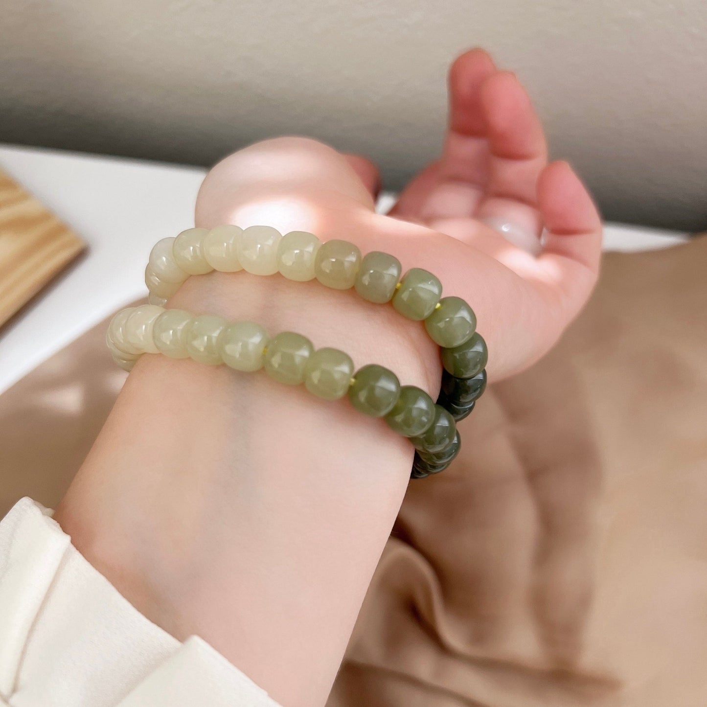 Natural Jade Bracelet, Gradient Beaded Bracelet, Natural Hetian Bracelet, 7*8 Genuine Nephrite BraceLet, Green Jade Bracelet