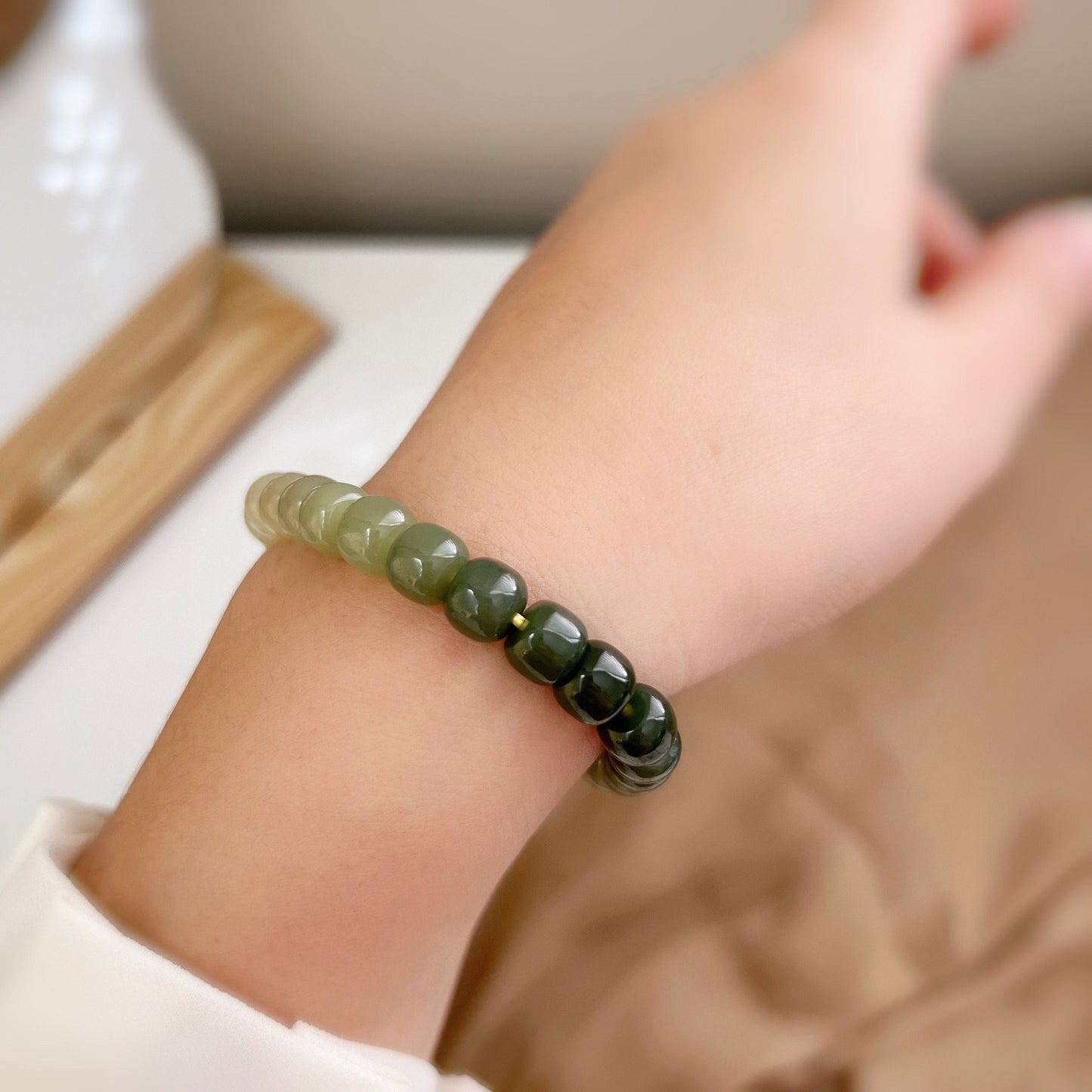 Natural Jade Bracelet, Gradient Beaded Bracelet, Natural Hetian Bracelet, 7*8 Genuine Nephrite BraceLet, Green Jade Bracelet