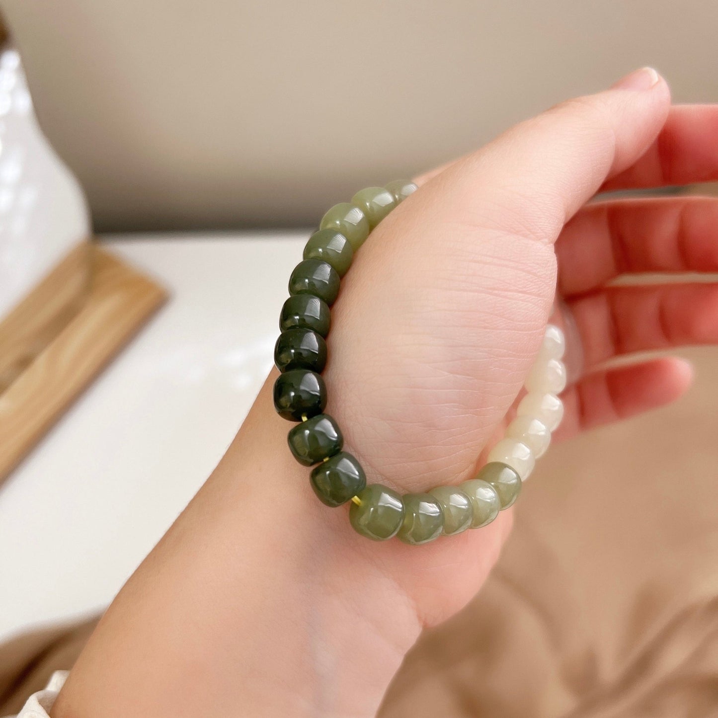 Natural Jade Bracelet, Gradient Beaded Bracelet, Natural Hetian Bracelet, 7*8 Genuine Nephrite BraceLet, Green Jade Bracelet