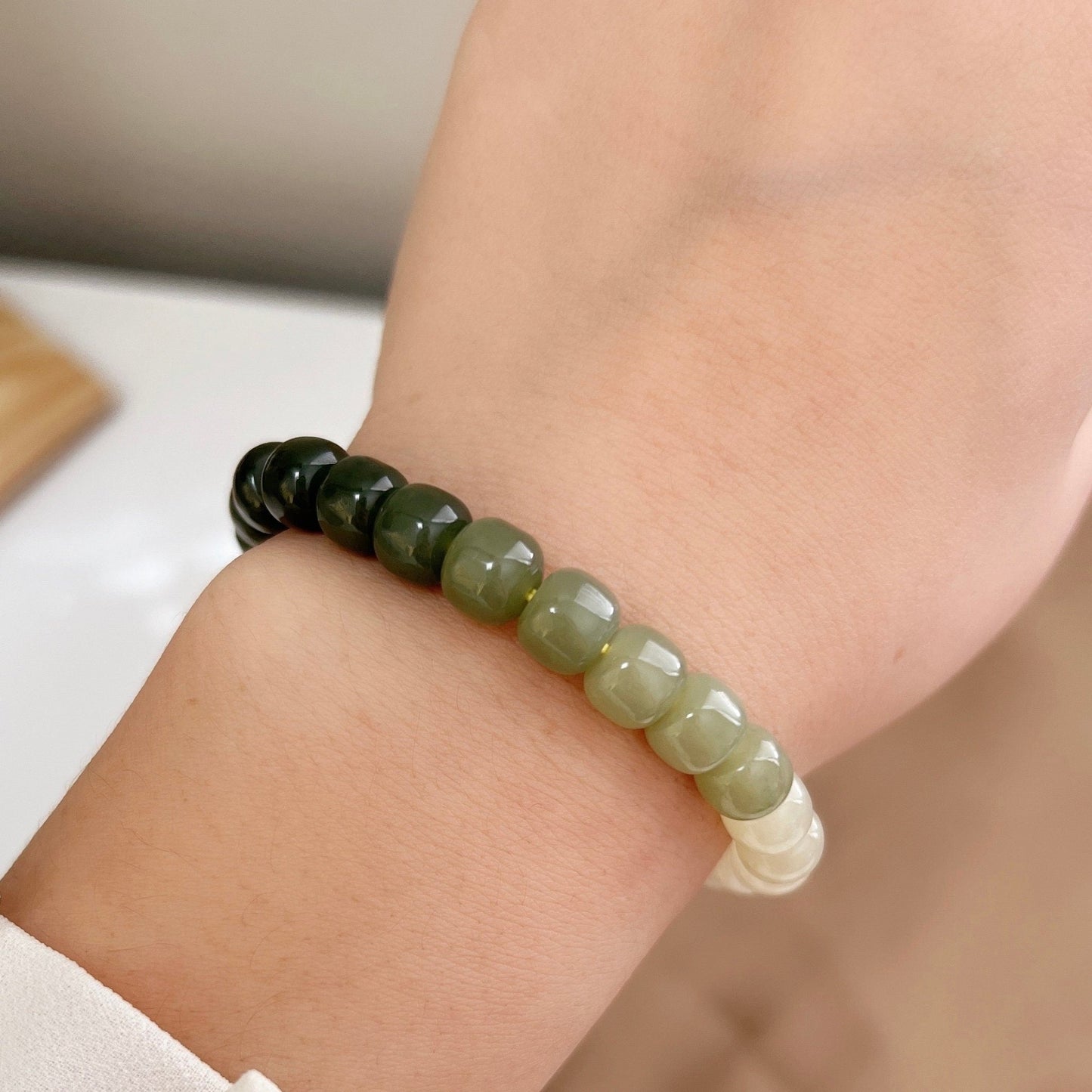 Natural Jade Bracelet, Gradient Beaded Bracelet, Natural Hetian Bracelet, 7*8 Genuine Nephrite BraceLet, Green Jade Bracelet