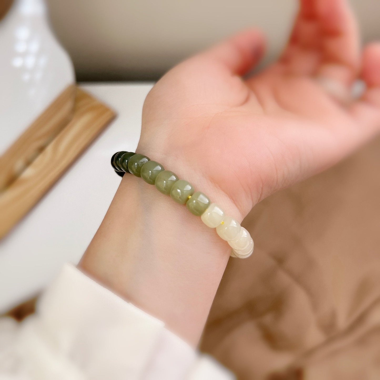 Natural Jade Bracelet, Gradient Beaded Bracelet, Natural Hetian Bracelet, 7*8 Genuine Nephrite BraceLet, Green Jade Bracelet