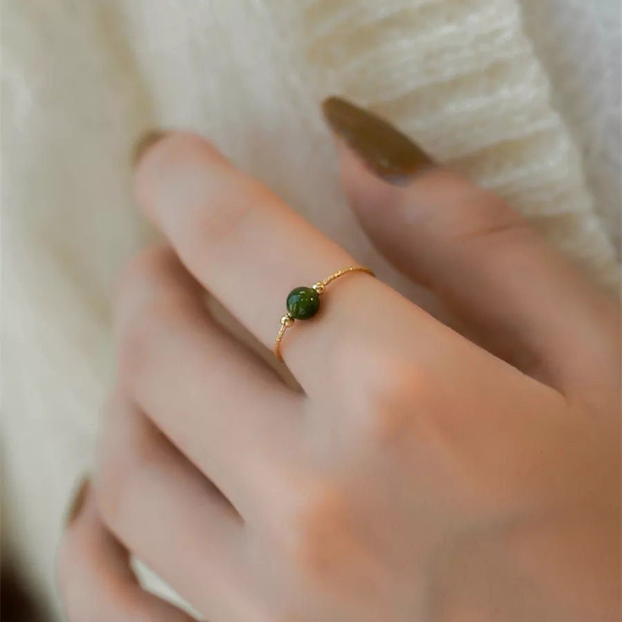 Green Jade Ring, Tiny Jade Beads Stackable Ring, Dainty Jade Ring, Thin Gold Band, Genuine Hetian Jade, Stackable Ring, Multi Stone Ring