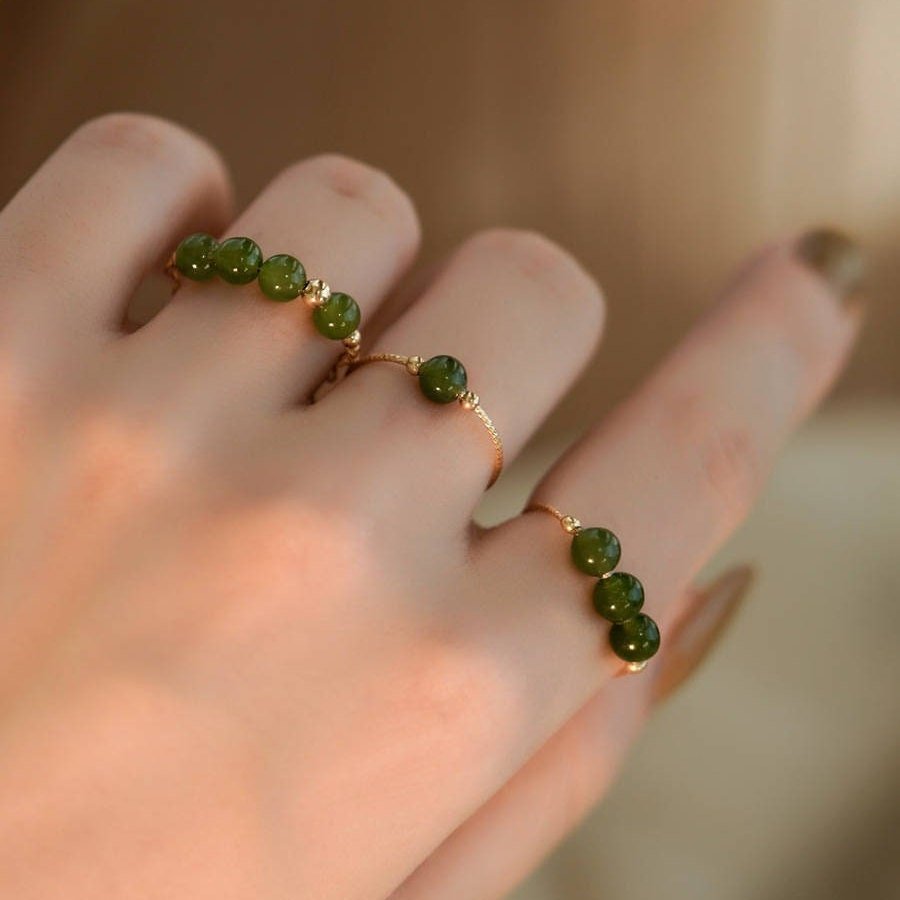 Green Jade Ring, Tiny Jade Beads Stackable Ring, Dainty Jade Ring, Thin Gold Band, Genuine Hetian Jade, Stackable Ring, Multi Stone Ring